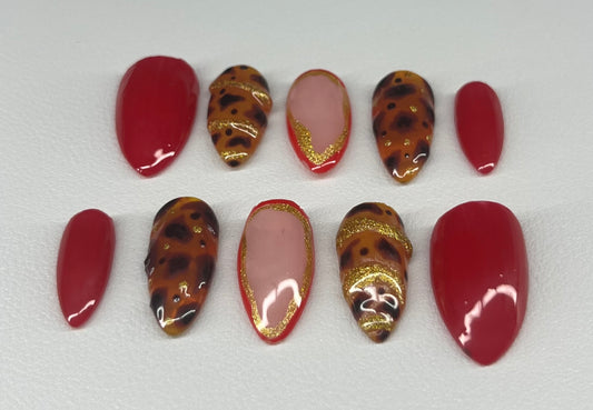 Red Fever Tortoise | Medium Almond Press On Nails